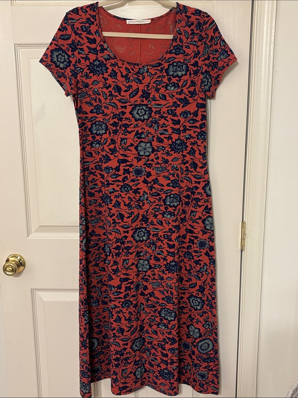 Peruvian Connection Rust Midi Dress with Navy Floral Print M